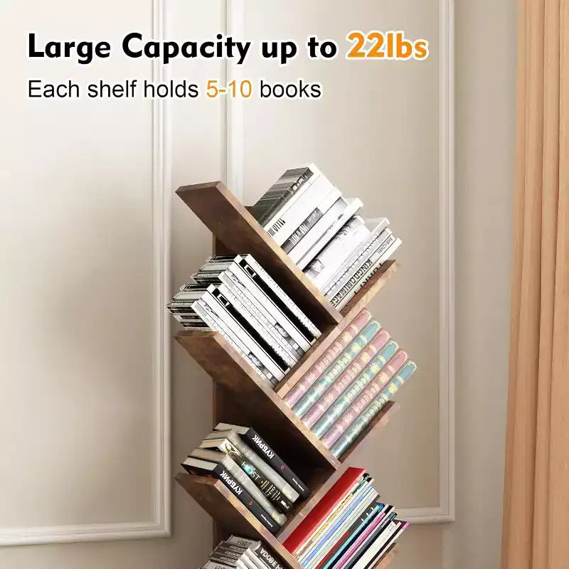 Étagère à Livres en Bois en Forme d'Arbre à 8 Niveaux avec Rangement, Bibliothèque sur Pied pour Enfants et Adultes, Organisateur Utilitaire pour Salon, Chambre à Coucher, Bureau, Marron