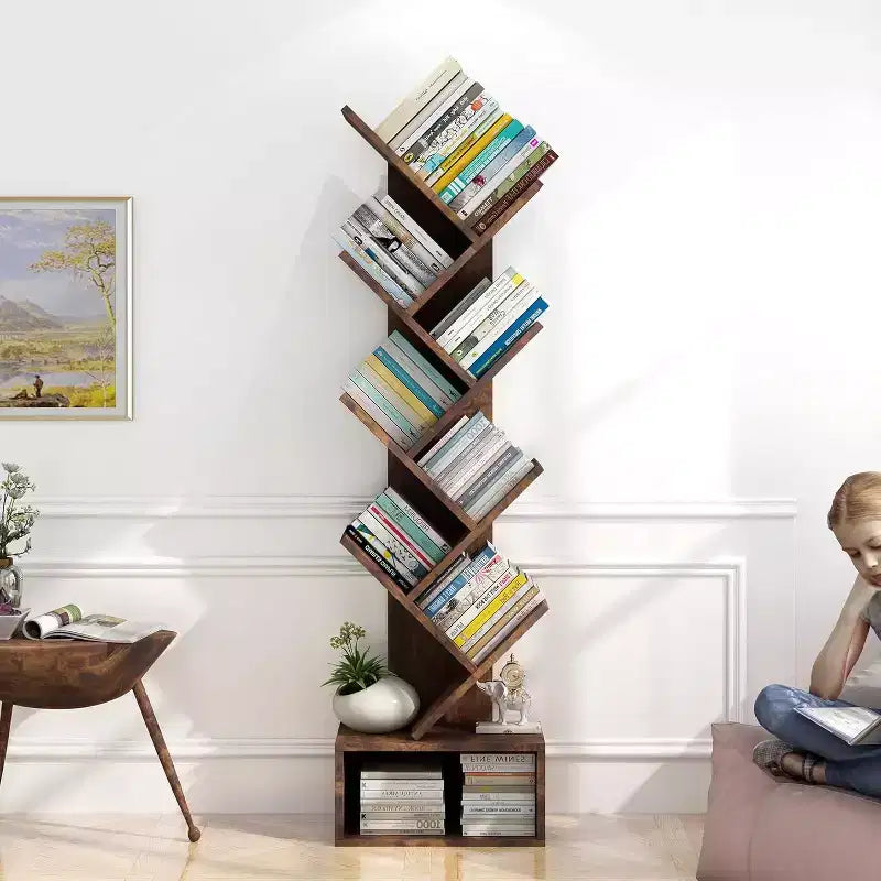 Étagère à Livres en Bois en Forme d'Arbre à 8 Niveaux avec Rangement, Bibliothèque sur Pied pour Enfants et Adultes, Organisateur Utilitaire pour Salon, Chambre à Coucher, Bureau, Marron
