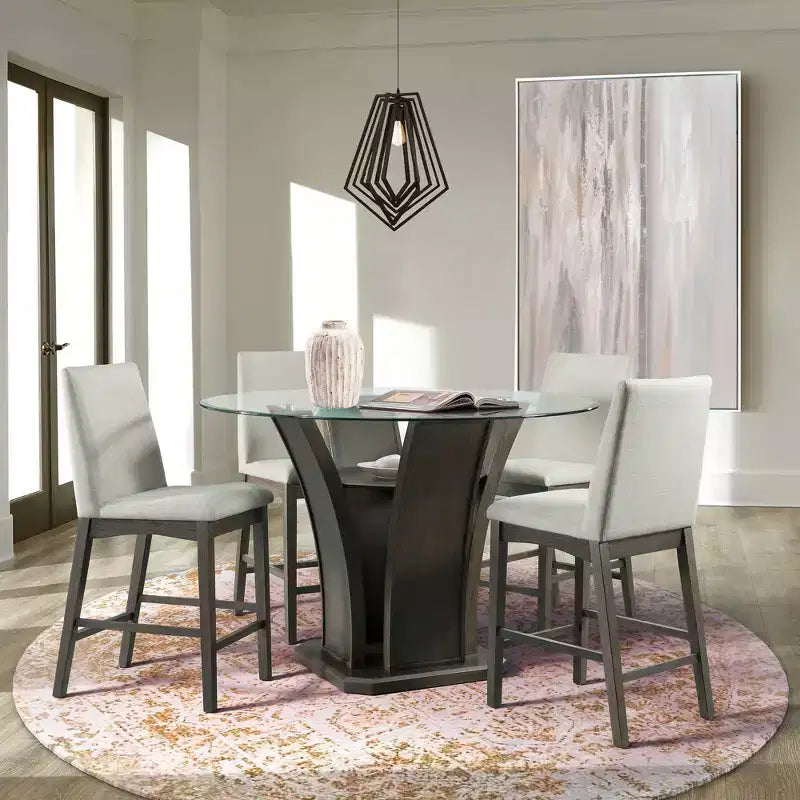 Table ronde Simms hauteur standard et 4 chaises Noyer - : Plateau en verre, Rembourrage crème