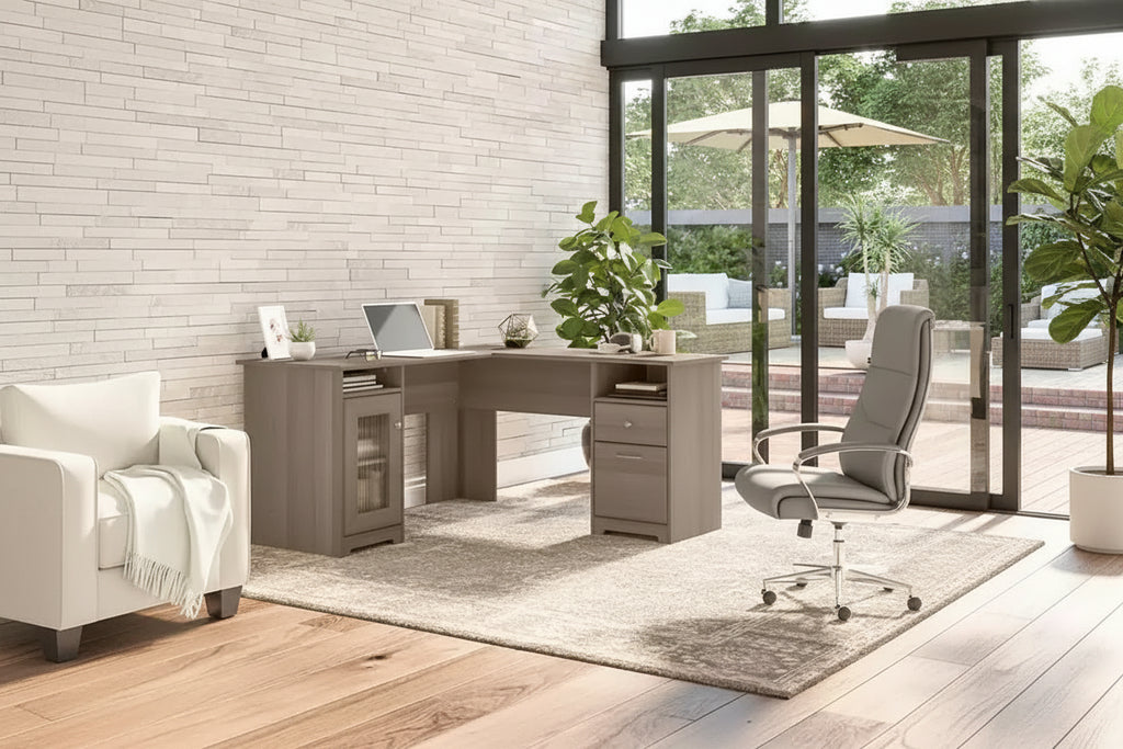 Bureau d'ordinateur en L gris frêne -
