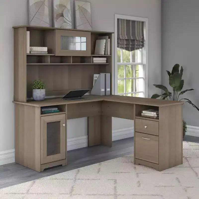 Bureau d'ordinateur en L gris frêne -