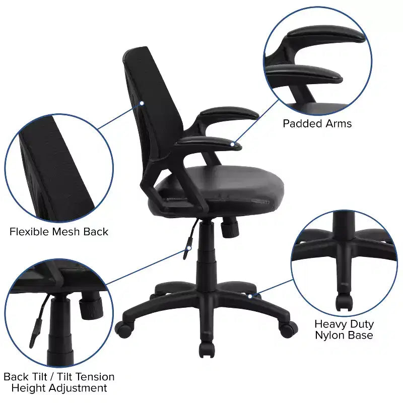 Chaise de bureau pivotante ergonomique en maille avec accoudoirs ouverts et dossier mi-haut